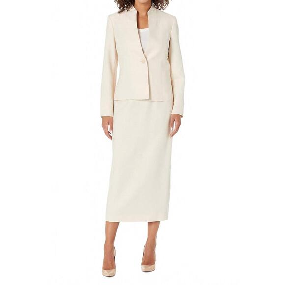 NEW LE SUIT shimmer tweed jacket and column skirt set in light gold